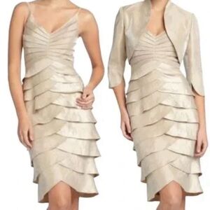 Adrianna Papell Champagne Tiered Midi Dress and Bolero | Elopement Wedding Guest